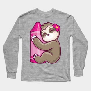 Pink Crayon Coloring Sloth Long Sleeve T-Shirt